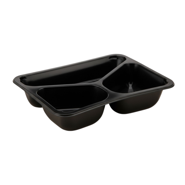 PP Siegelschale/Menüschale 3-geteilt schwarz tief 227 x 178 x 50 mm