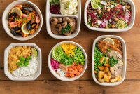 Cube Bowl 2-geteilt 400/500 ml - coated 249x172x45 mm (Farbe: Braun / Material: Bagasse PBAT/PLA-coated) (VPE 160 St.)