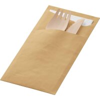 Sacchetto Zelltuch 190x85 mm mit Holzbesteck Dinner, gewachst 190x85 mm (Farbe: Eco Braun/Weiß / Material: gewachst) (VPE 200 St.)